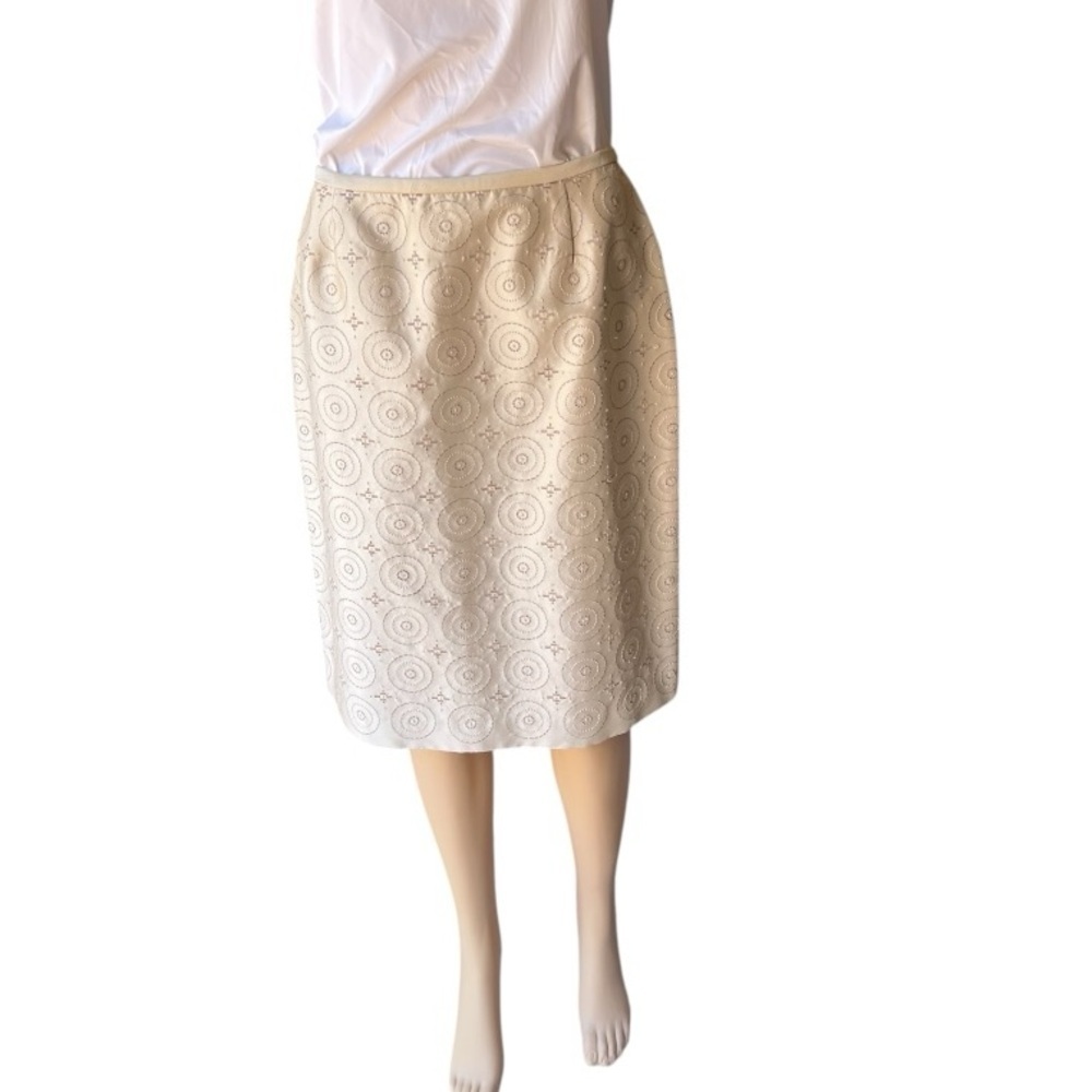 Talbots Petites Silk Embroidered Ivory/Cream Pencil Skirt Fully Lined Size 10